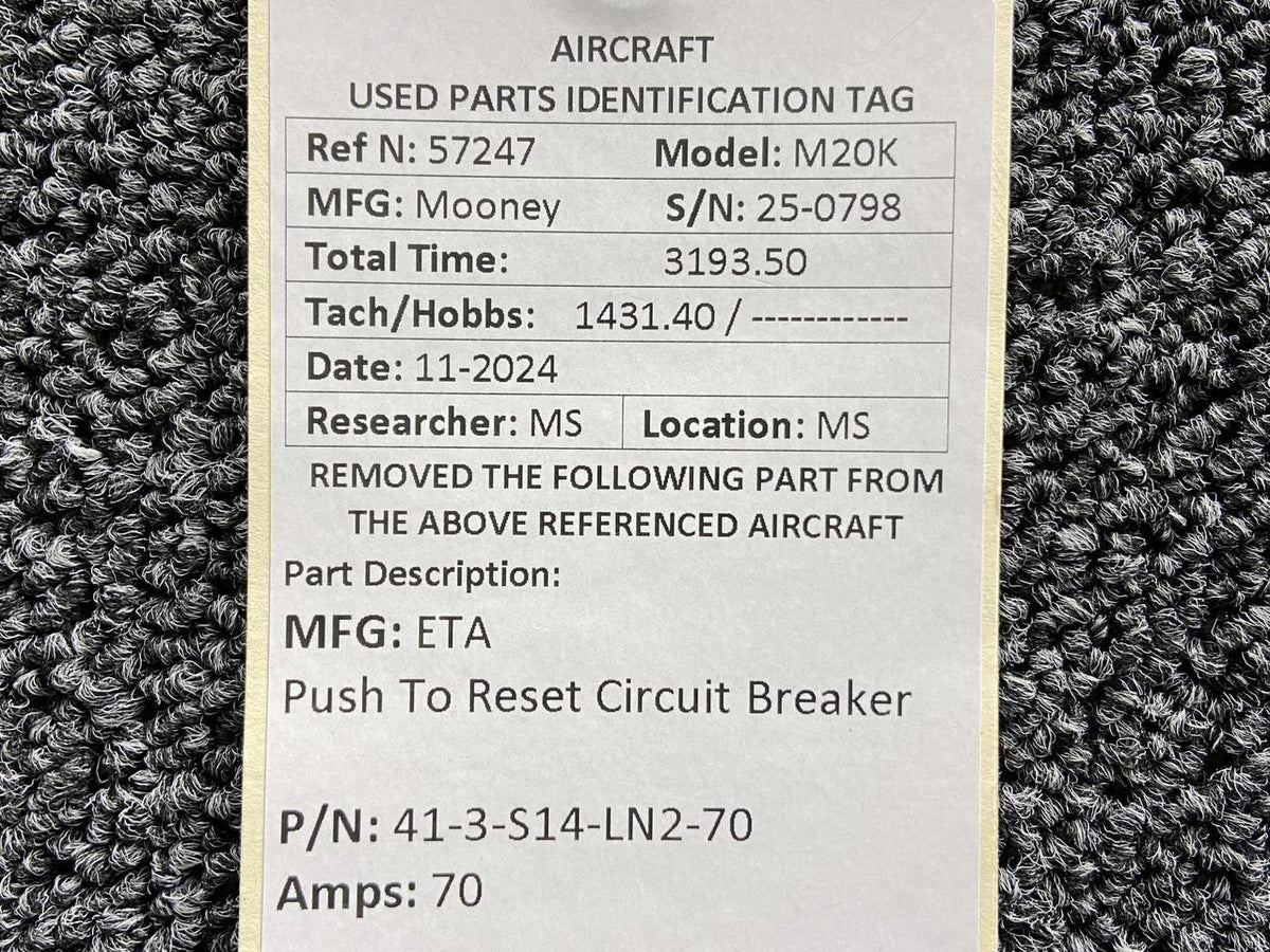 ETA 41-3-S14-LN2-70 ETA Push to Reset Circuit Breaker (Amps: 70)