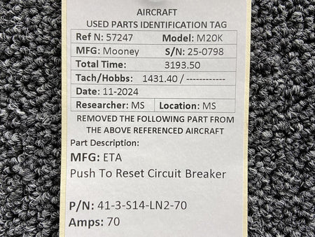 ETA 41-3-S14-LN2-70 ETA Push to Reset Circuit Breaker (Amps: 70)
