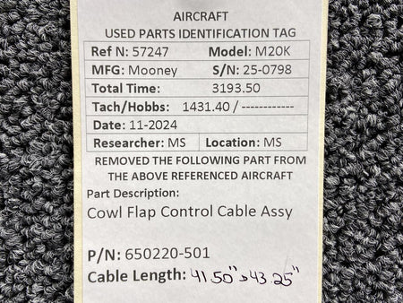 Mooney Aircraft Parts & Accessories 650220-501 Mooney M20K Cowl Flap Control Cable Assembly (Length: 41.5” & 43.25”)