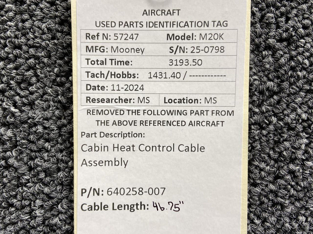 Mooney Aircraft Parts & Accessories 640258-007 Mooney M20K Cabin Heater Control Cable Assembly (Length: 46.75”)