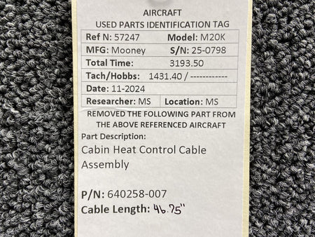Mooney Aircraft Parts & Accessories 640258-007 Mooney M20K Cabin Heater Control Cable Assembly (Length: 46.75”)