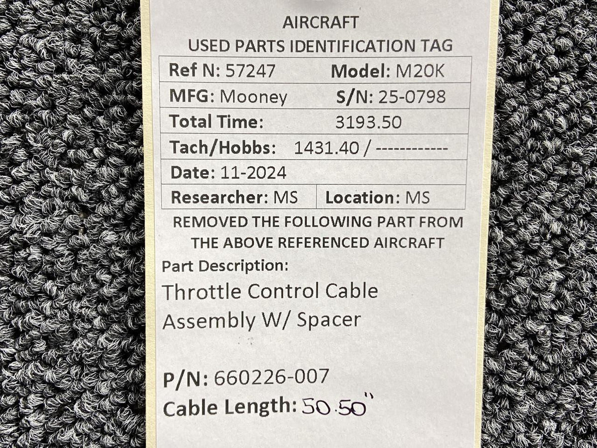 Mooney Aircraft Parts & Accessories 660226-007 Mooney M20K Throttle Control Cable Assembly w Spacer (Length: 50.50”)
