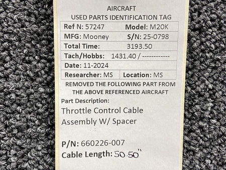 Mooney Aircraft Parts & Accessories 660226-007 Mooney M20K Throttle Control Cable Assembly w Spacer (Length: 50.50”)