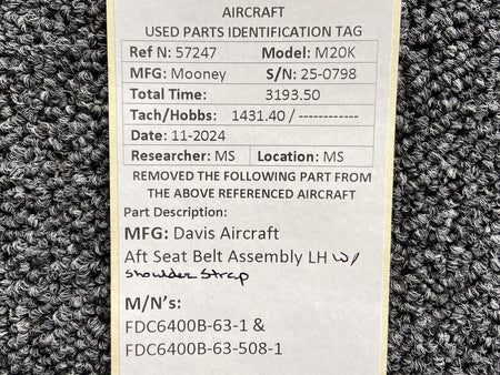 Davis-Aircraft Products FDC6400B-63-1, FDC6400B-63-508-1 Davis Aft Seat Belt LH with Shoulder Strap