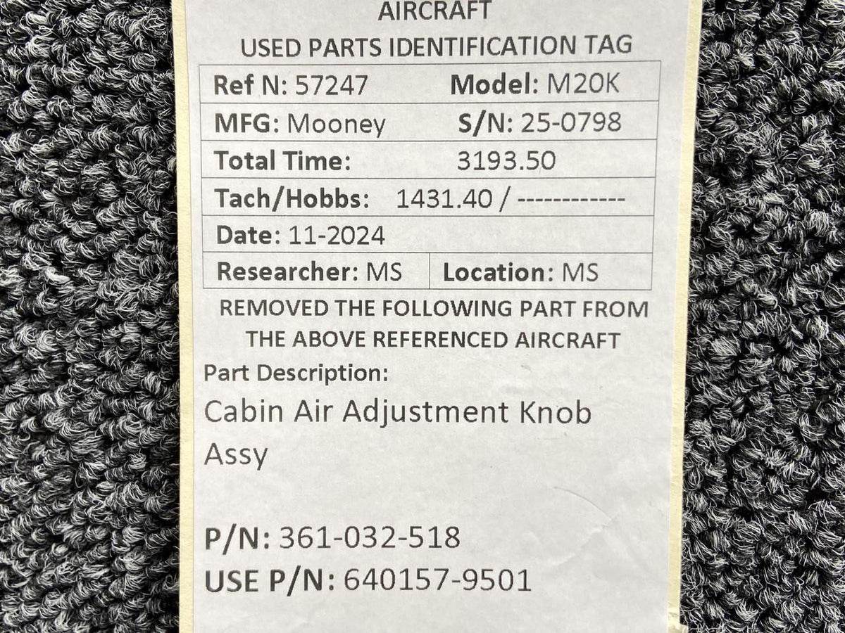 Mooney Aircraft Parts & Accessories 361-032-518 (Use: 640157-9501) Mooney M20K Cabin Air Adjustment Knob