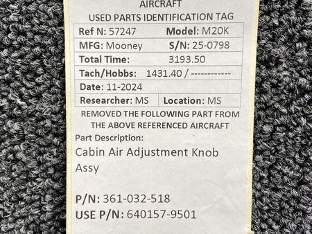 Mooney Aircraft Parts & Accessories 361-032-518 (Use: 640157-9501) Mooney M20K Cabin Air Adjustment Knob