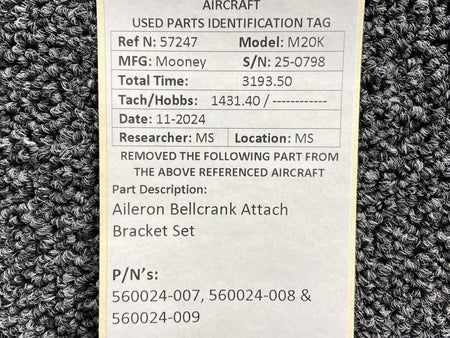 Mooney Aircraft Parts & Accessories 560024-007, 560024-008 Mooney M20K Aileron Bellcrank Attach Bracket Set