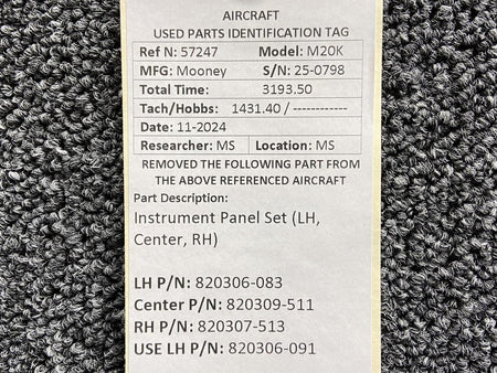 Mooney Aircraft Parts & Accessories 820306-083, 820309-511, 820307-513 Mooney M20K Instrument Panel Set