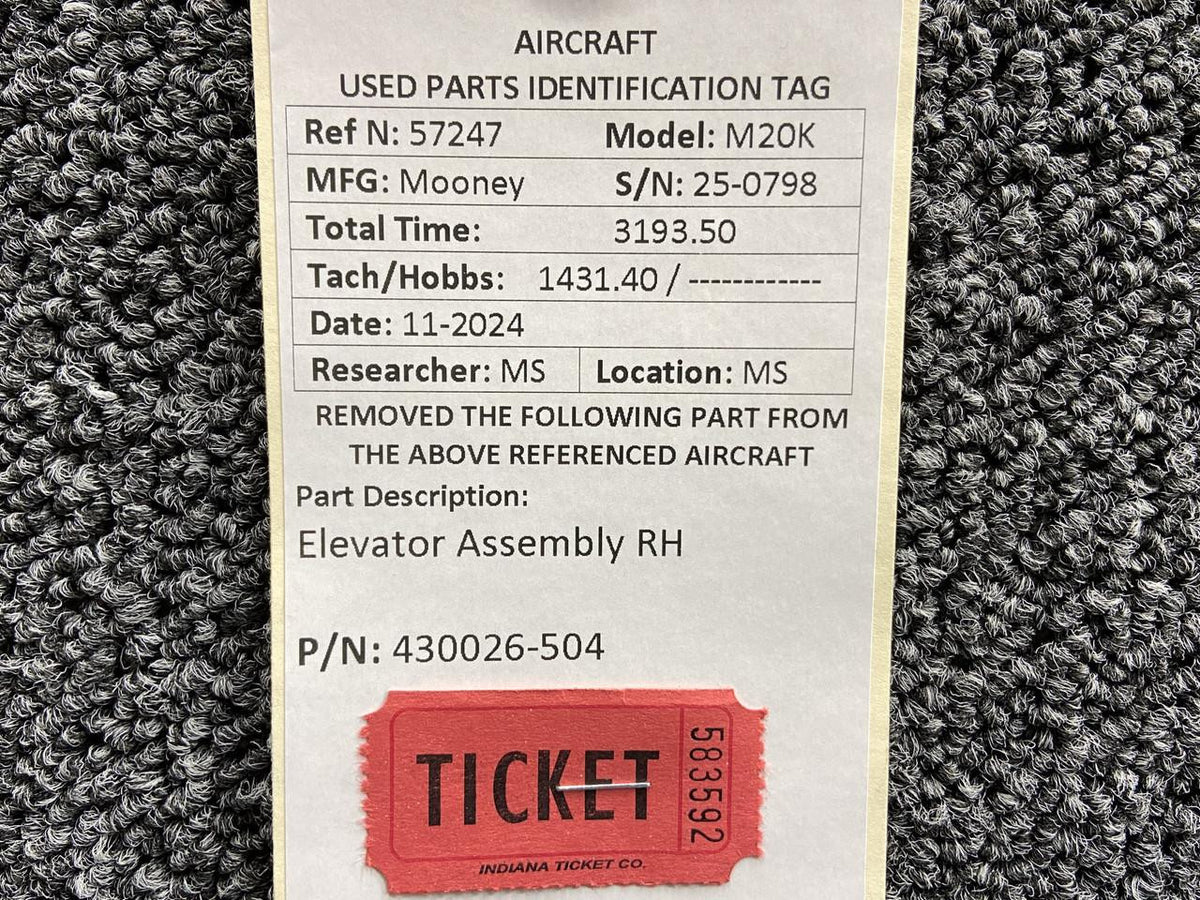 Mooney Aircraft Parts & Accessories 430026-504 Mooney M20K Elevator Assembly RH (No Hail)