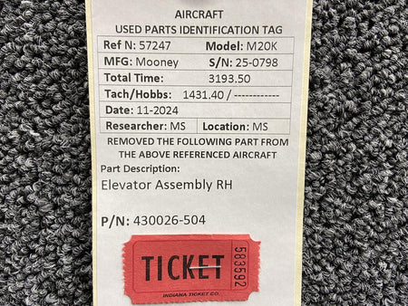Mooney Aircraft Parts & Accessories 430026-504 Mooney M20K Elevator Assembly RH (No Hail)