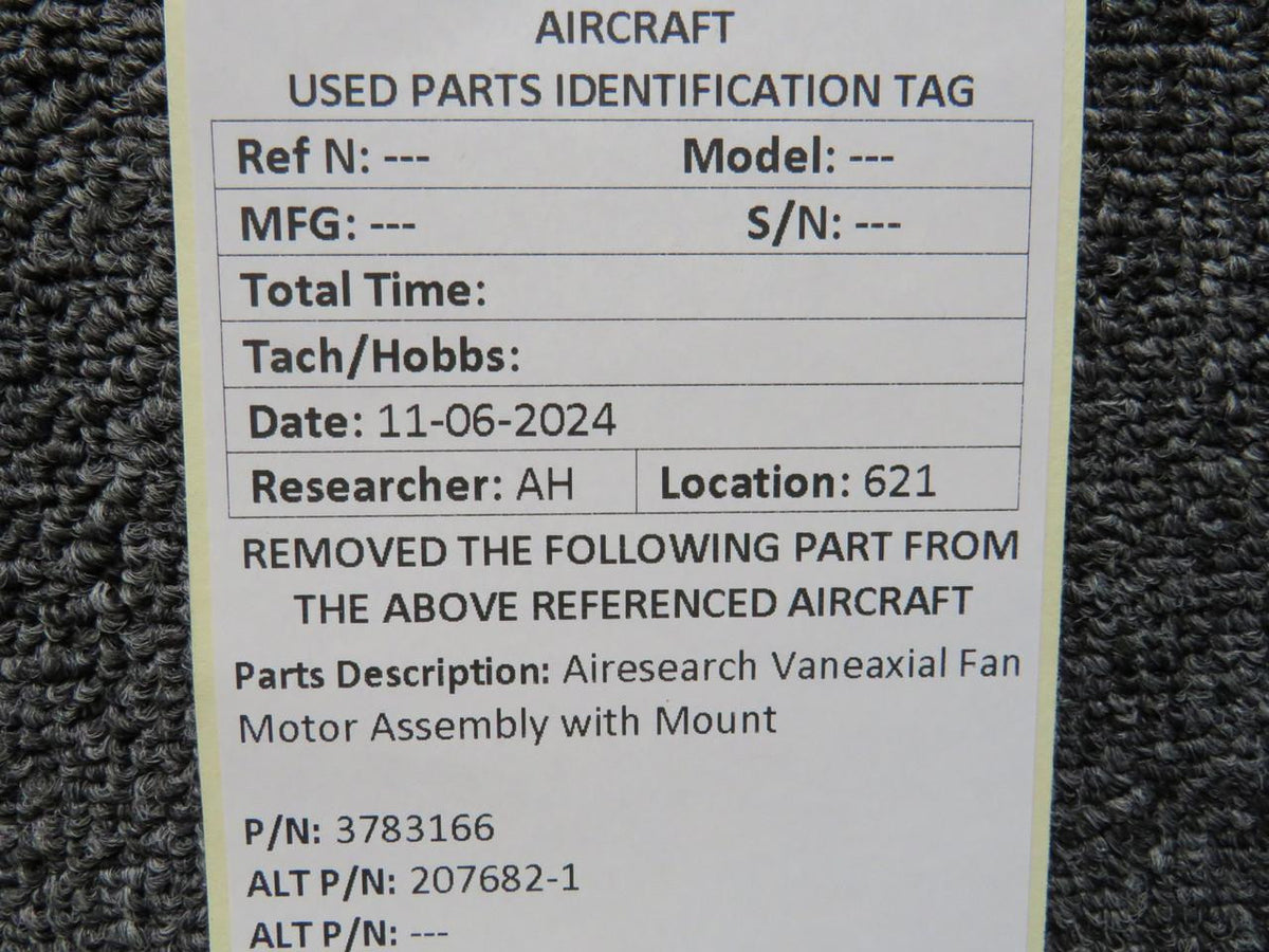 Airesearch 3783166, 207682-1 Airesearch Vaneaxial Fan Motor Assembly with Mount
