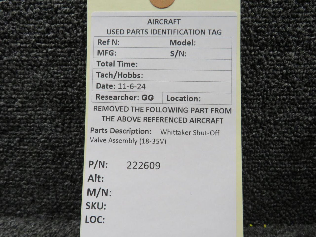 Whittaker 222609 Whittaker Shut-Off Valve Assembly (18-35V)