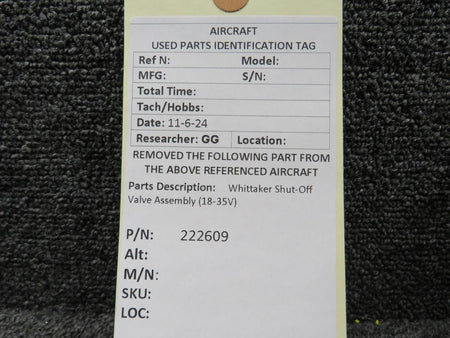 Whittaker 222609 Whittaker Shut-Off Valve Assembly (18-35V)
