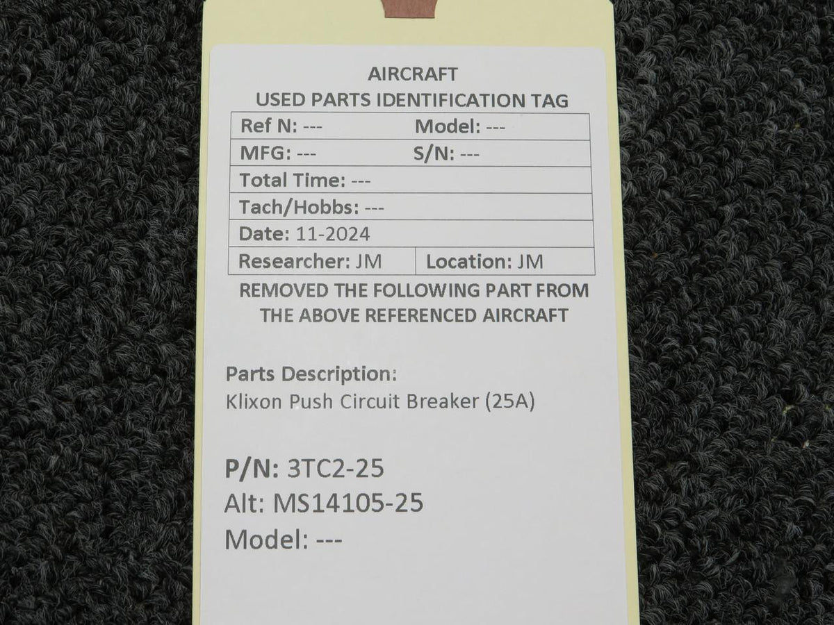 Klixon 3TC2-25 (Alt: MS14105-25) Klixon Push Circuit Breaker (25A)