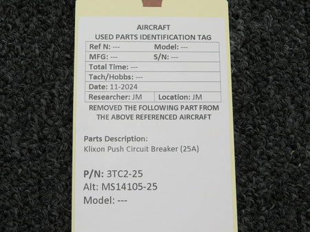 Klixon 3TC2-25 (Alt: MS14105-25) Klixon Push Circuit Breaker (25A)