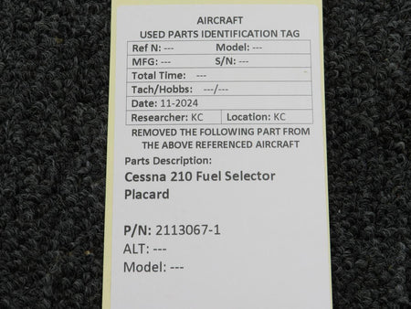 Cessna Aircraft Co 2113067-1 Cessna 210 Fuel Selector Placard