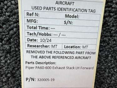 Piper Aircraft Parts 320005-19 Piper PA60-600 Exhaust Stack LH Forward