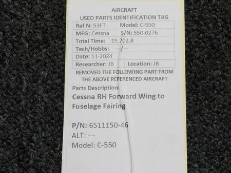 Cessna Aircraft Parts 6511150-46 Cessna C-550 RH Forward Wing to Fuselage Fairing