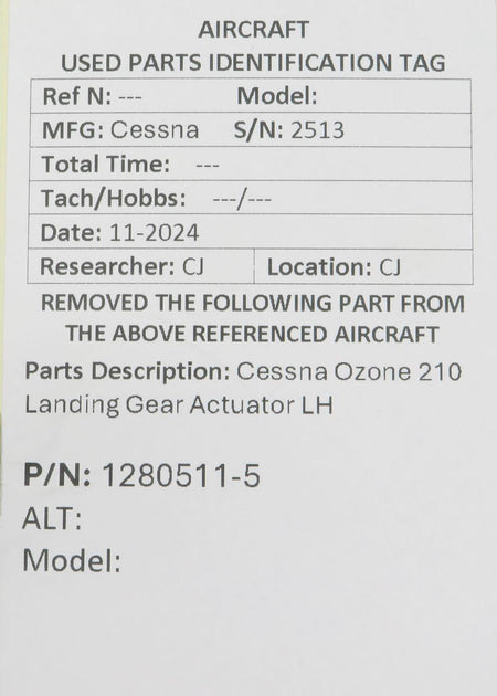Cessna Aircraft Co 1280511-5 Cessna Ozone 210 Landing Gear Actuator LH