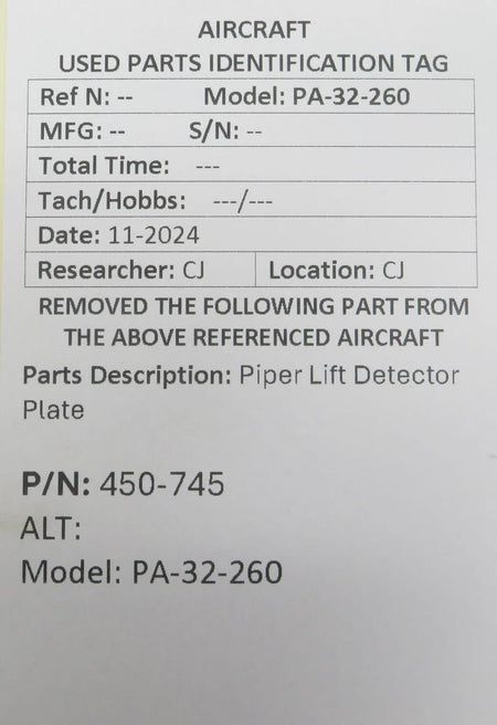 Piper Aircraft 450-745 Piper Lift Detector Plate