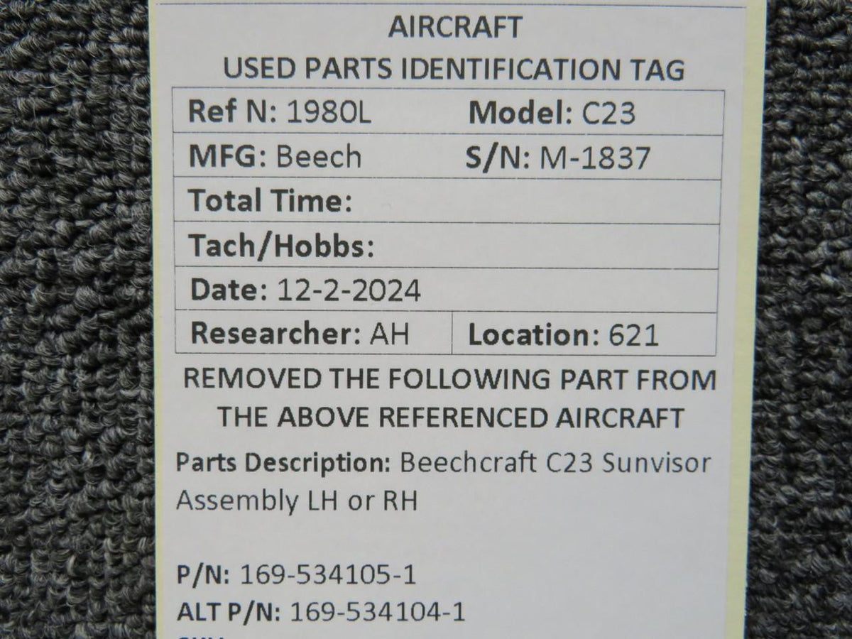 Beechcraft Parts 169-534105-1, 169-534104-1 Beechcraft C23 Sunvisor Assembly LH or RH
