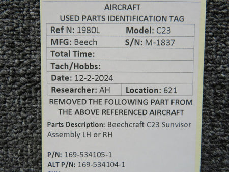 Beechcraft Parts 169-534105-1, 169-534104-1 Beechcraft C23 Sunvisor Assembly LH or RH