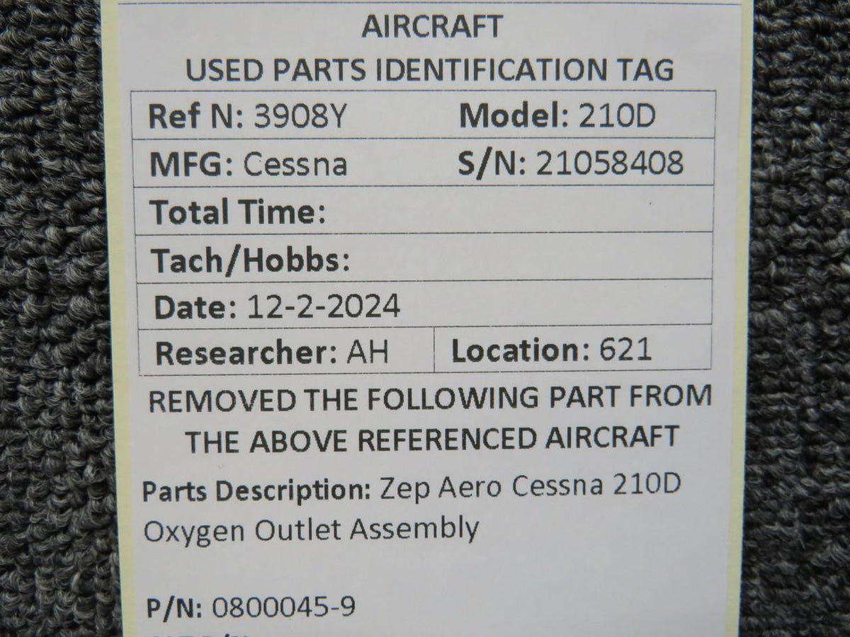 Zep Aero 0800045-9 Zep Aero Cessna 210D Oxygen Outlet Assembly