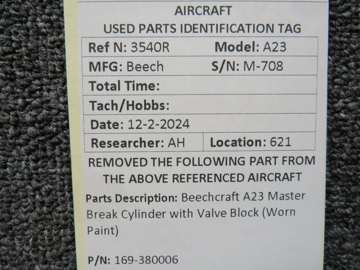 Beechcraft Parts 169-380006 Beechcraft A23 Master Break Cylinder with Valve Block (Worn Paint)