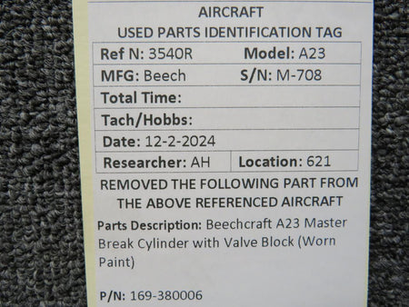 Beechcraft Parts 169-380006 Beechcraft A23 Master Break Cylinder with Valve Block (Worn Paint)