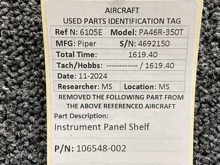 Piper Aircraft Parts 106548-002 Piper PA46R-350T Instrument Panel Shelf