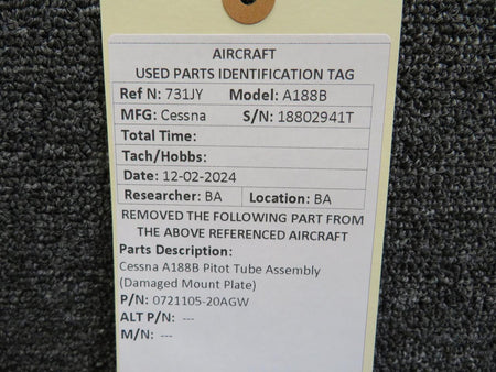 Cessna Aircraft Co 0721105-20AGW Cessna A188B Pitot Tube Assembly (Damaged Mount Plate)