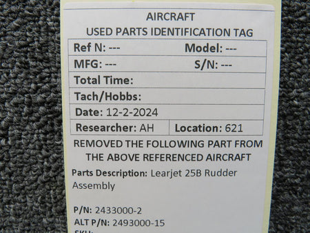 LearJet 2433000-2 (Use: 2493000-15) Learjet 25B Rudder Assembly