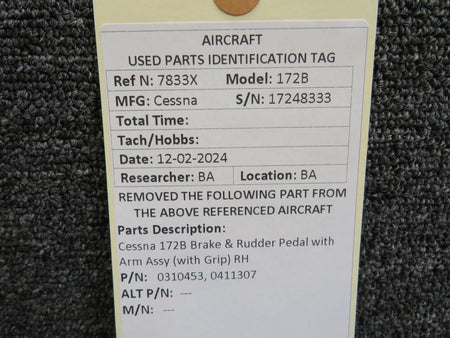 Cessna Aircraft Co 0310453, 0411307 Cessna 172B Brake & Rudder Pedal with Arm Assy with Grip RH
