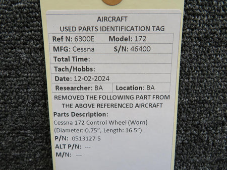 Cessna Aircraft Co 0513127-5 Cessna 172 Control Wheel (Worn) (Diameter: 0.75”, Length: 16.5”)