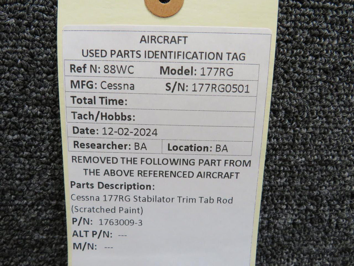 Cessna Aircraft Parts 1763009-3 Cessna 177RG Stabilator Trim Tab Rod (Scratched Paint)