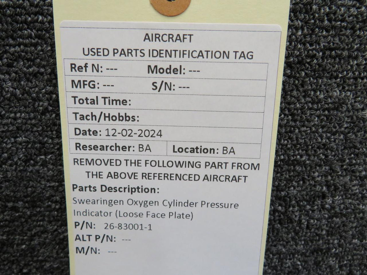 Swearingen 26-83001-1 Swearingen Oxygen Cylinder Pressure Indicator (Loose Face Plate)