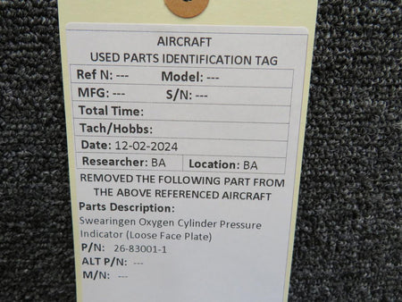 Swearingen 26-83001-1 Swearingen Oxygen Cylinder Pressure Indicator (Loose Face Plate)