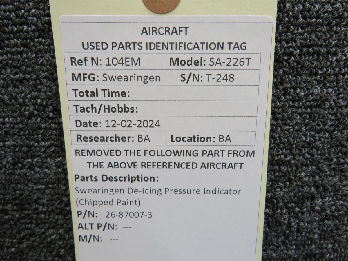 Swearingen 26-87007-3 Swearingen De-Icing Pressure Indicator (Chipped Paint)