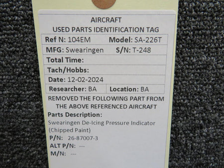 Swearingen 26-87007-3 Swearingen De-Icing Pressure Indicator (Chipped Paint)