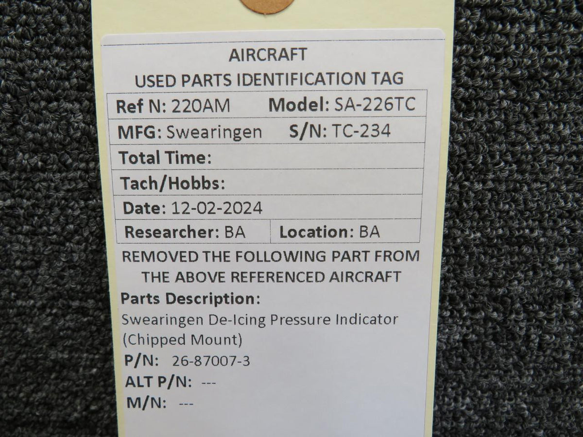 Swearingen 26-87007-3 Swearingen De-Icing Pressure Indicator (Chipped Mount)