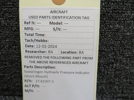 Swearingen 27-81007-3 Swearingen Hydraulic Pressure Indicator (Worn Mount)