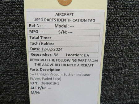 Swearingen 26-86019-1 Swearingen Vacuum Suction Indicator (Worn, Faded Face)