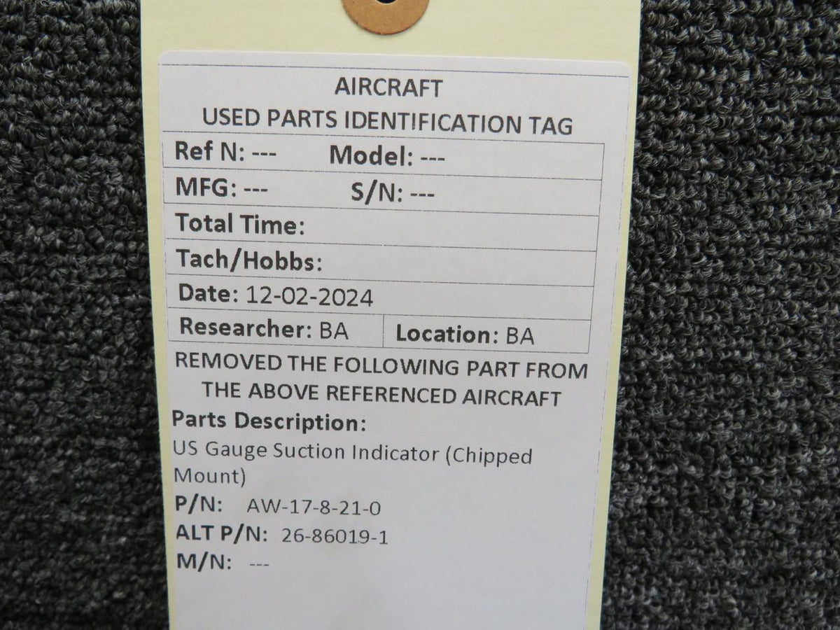 Swearingen AW-17-8-21-0 (Alt: 26-86019-1) US Gauge Suction Indicator (Chipped Mount)