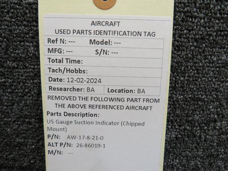 Swearingen AW-17-8-21-0 (Alt: 26-86019-1) US Gauge Suction Indicator (Chipped Mount)