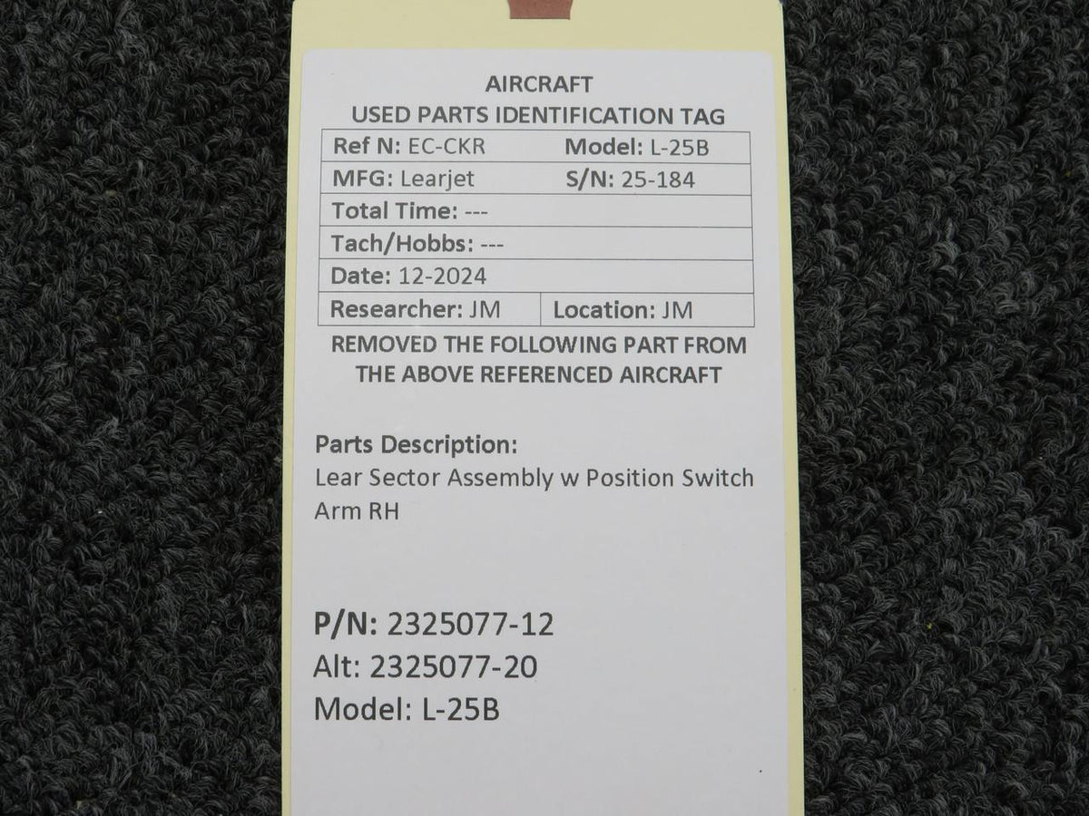 2325077-12 (Alt: 2325077-20) Lear L-25B Sector Assembly w Position Switch Arm RH