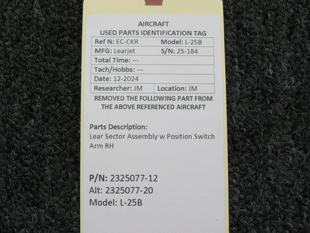 2325077-12 (Alt: 2325077-20) Lear L-25B Sector Assembly w Position Switch Arm RH