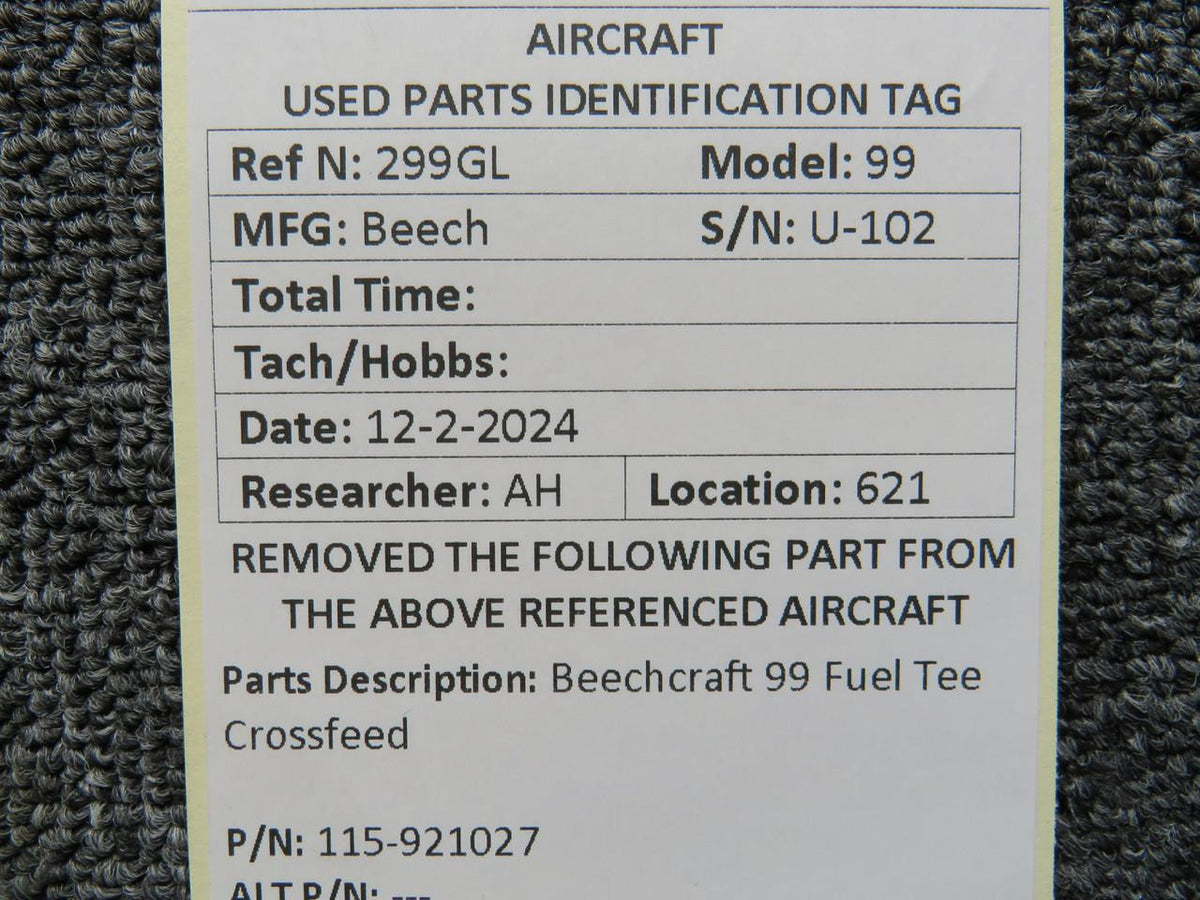 Beechcraft Parts 115-921027 Beechcraft 99 Fuel Tee Crossfeed