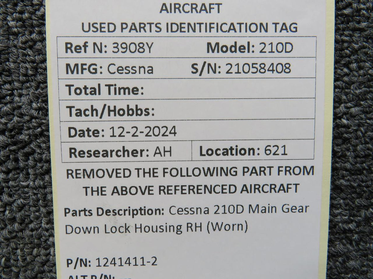 Cessna Aircraft Parts 1241411-2 Cessna 210D Main Gear Down Lock Housing RH (Worn)