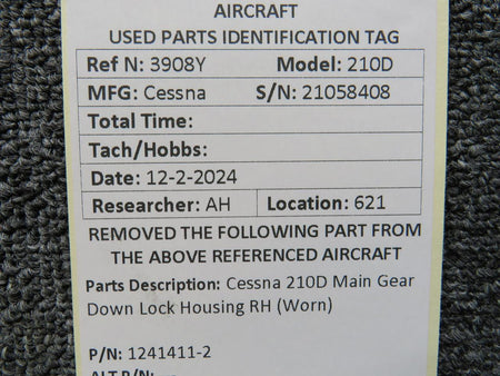 Cessna Aircraft Parts 1241411-2 Cessna 210D Main Gear Down Lock Housing RH (Worn)