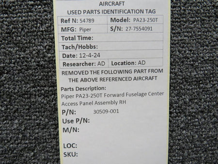 Piper Aircraft Parts 30509-001 Piper PA23-250T Forward Fuselage Center Access Panel Assembly RH
